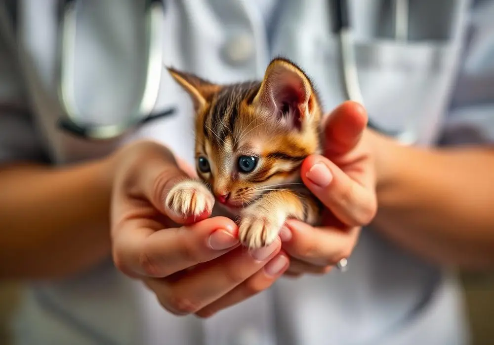 Veterinaria sosteniendo con cuidado a un gatito